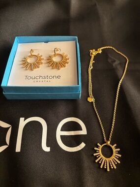 Touchstone Crystal Golden Cutting Edge Necklace and Earrings Set - Gold